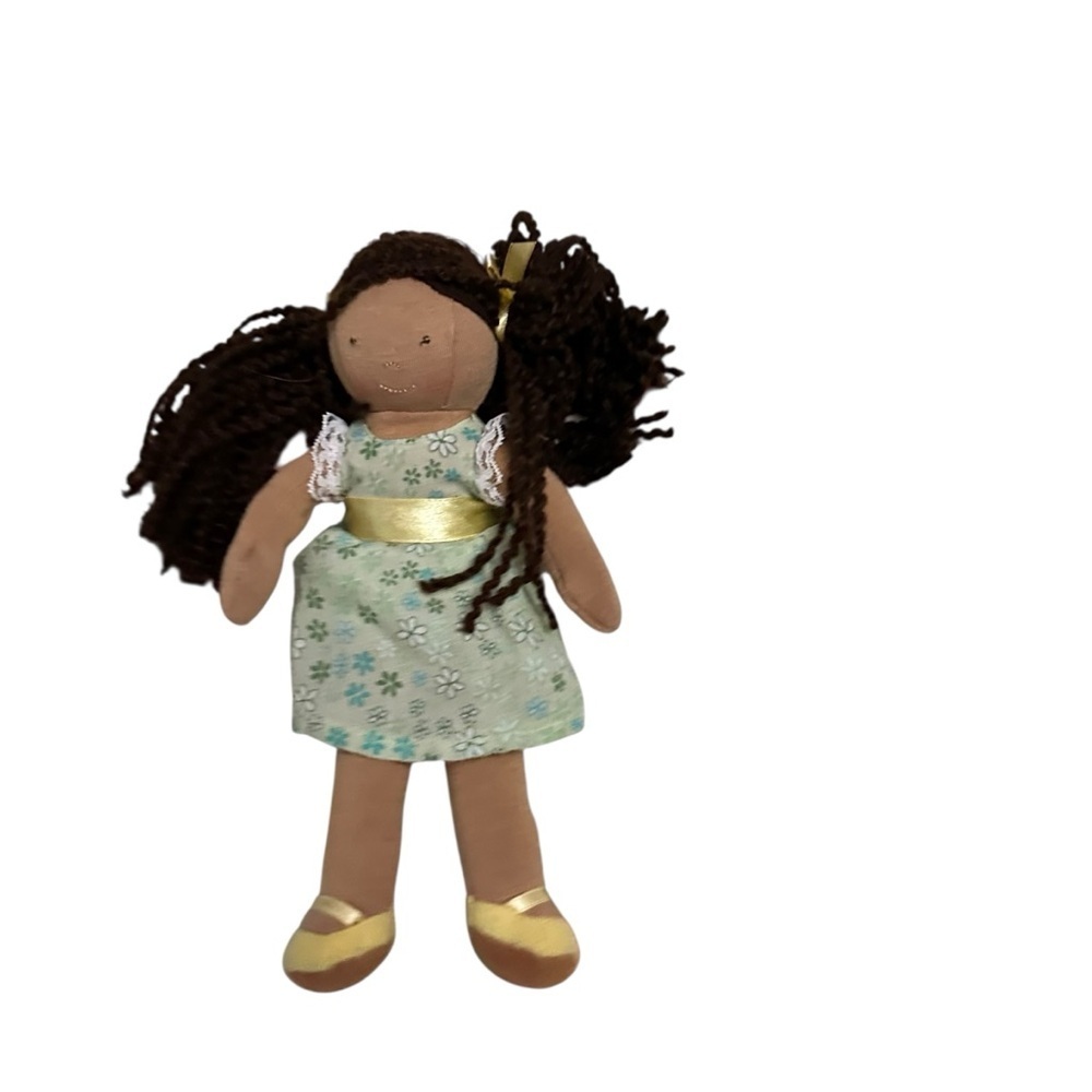 Pottery Barn Kids Doll with Floral Green Dress and Gold Details